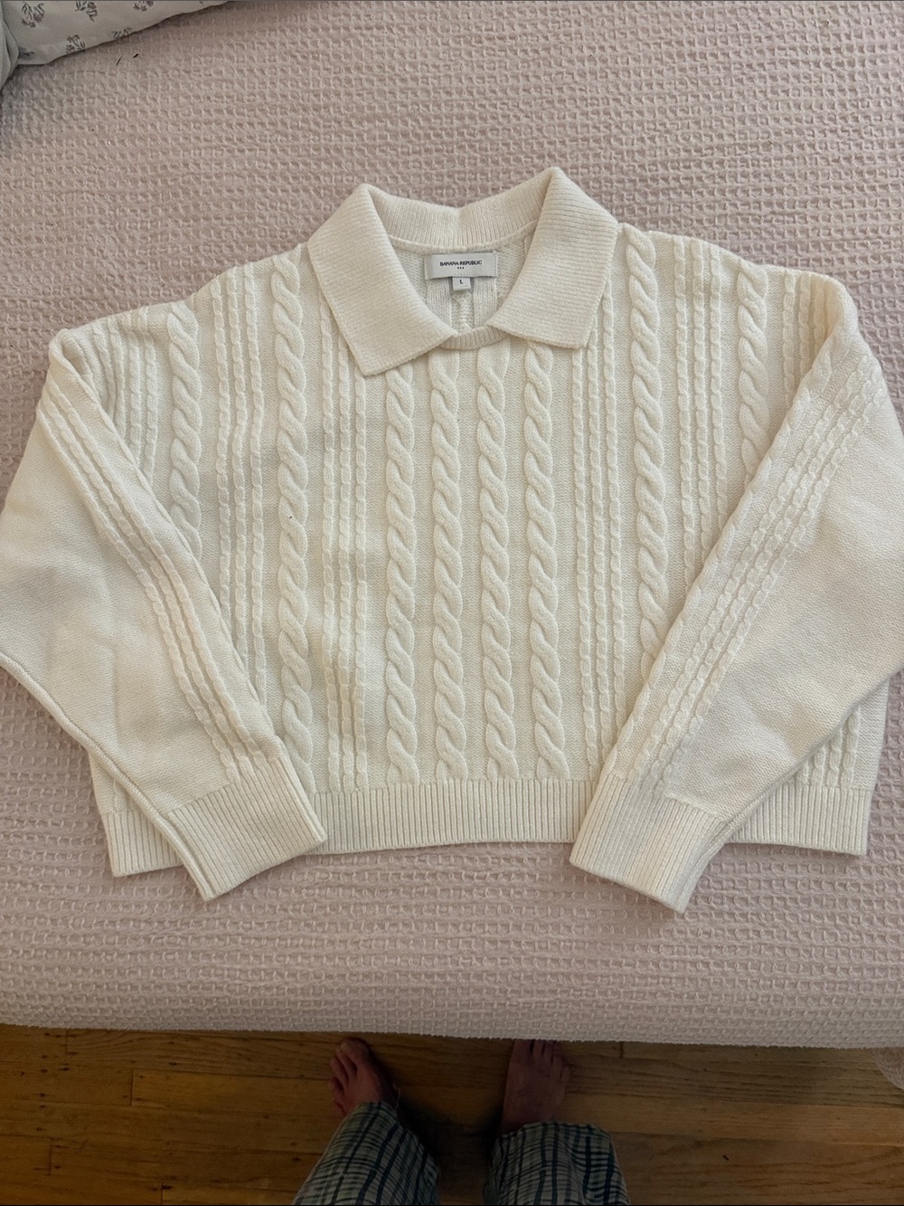 Banana Republic Cropped Cream Cable-Knit Polo Sweater Size Large NWOT